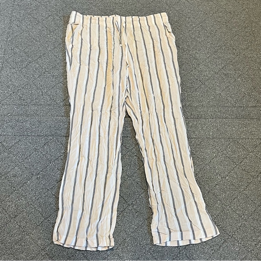 Per Se Pants Womens Large Blue Tan  Striped Pull on Rayon Drawstring Lightweight